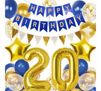 20th Birthday Decorations Boys, Navy Blue Gold Balloons and Happy Birthday Banner, 40 Inch Number 20 Foil Balloons with Bunting, for Boys Girls Party Decoration
