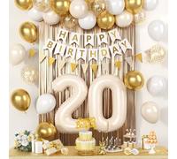20th Birthday Decorations, Cream White Happy Birthday Party Decorations With Beige Number 20 Balloon Sand White Latex Helium Balloon Champagne Fringe Curtain Cake Topper Banner For 20th Party Supplies