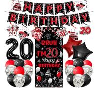 20th Birthday Decorations for Boys Men, 30 Pcs Red and Black Party Supplies, BRUH I’M 20 Banner, Balloons, Hanging Swirls for 20 Year Old Boy Teenage Party Decor