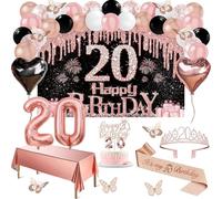 20th Birthday Decorations for Her, 49pcs Black Rose Gold Black Banner, Tablecloth, Butterfly Decor, 20th Birthday Sash and Tiara, Cake Topper, Candles, Balloons Arch