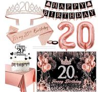 20th Birthday Decorations for Her - Splendid Twenties Party Kit in Black Rose Gold with Banner, Backdrop, Cake Topper, Tablecloth, Sparkling Tiara, Sash, 20 Number Balloons