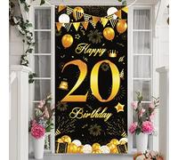 20th Birthday Decorations - Happy 20th Door Banner, Black & Gold Sign, Backdrop for Boys & Girls, Cheer to 20 Years Old Party Table & Wall Decoration, Outdoor Supplies, 185×90cm