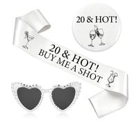 20th Birthday Decorations Sash Badge - 3 PC Black White 20th Bday Set | Black White 20 & HOT Sash Badge Gift Boys Girls 20 Retro Birthday Party