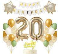 20th Birthday Decorations Set Light Gold White Sage Green Theme Happy Birthday Banner Balloon Decor Photo Backdrop for Women Men Adults Turning 20 Age 20 Party Supplies Celebration Decor Event Bundle