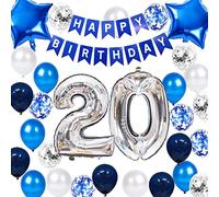 20th Birthday Party Decoration - Blue Boys' Banner, Number 20, Star Foil & Latex Balloons, Confetti, Him Son's 20 Years Old Supplies