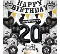 20th Birthday Party Decorations for Boys - Black Silver Happy Birthday Banner Pennant Flags Garlandand Sash, Star Heart Crown Number Foil Balloons Cake Toppers for 20 Years Old Teens