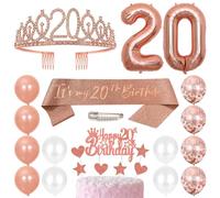 20th Birthday Sash Princess Crown Queen Tiara Rhinestone Headbands Cake Toppers Number 20 Helium Balloons Rose Gold Latex Balloon 20 Birthday Decoration for Women 20 Year Old Birthday Party Supplies