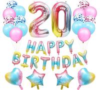 20th Rainbow Happy Birthday Party Decorations Kit for Girls, Boys - Happy Birthday Balloon Banner, Number “20” Balloon Mylar Foil, Rose Gold Latex Balloon, Perfect 20 Years Old Party Supplies