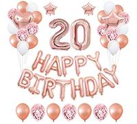 20th Rose Gold Birthday Party Decorations Pack 48PCS Banner Happy Birthday Decorations for Girls Women Party Supplies Happy Birthday Star Heart Rose Gold Foil Balloons Latex Balloons