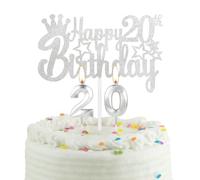 20th Silver Birthday Cake Candle, Party Candle with Cake Topper, Silver Party Candle Cake Topper for Boys Girls Men Women, 20th Birthday Decoration, Wedding Anniversary