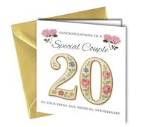 20th Wedding Anniversary Card China, Unique Design, 'To a Special Couple' Congratulations Blank Inside Metalic Gold Envelope 400gsm Thick Card #1874