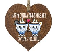 20th Wedding Anniversary Plaque Gift for Husband Wife - 20 Years Together - Happy China Anniversary Wooden Heart for Women Men Partner, Dark Wood Sign Keepsake Gifts