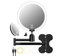 20X/1X Wall Mounted Lighted Makeup Mirror, 6inch Double Sided 1X/20X Magnifying Makeup Mirror with 3 Color Lights, Rechargeable Bathroom 20X Magnification 360° Rotation Extendable Folding Arm