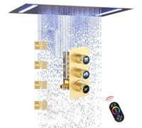 20x14-Inch Luxury LED Spa Shower System with Digital Temp. Display LED Icons, Rainfall Showerhead with Remote Control and 4 Body Jets with On/Off Switch, Brushed Gold