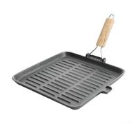 20x20cm Cast Iron Grill Pan, Preseasoned Square Skillet with Folding Wood Handle for Indoor Stovetop and Outdoor Campfire Cooking