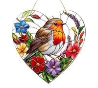 20x20CM Large Stained Glass Robin Garden Ornament,2D Window Sun Catcher,Heart-Shaped Hanging Decoration,Acrylic Hanging Garden Suncatcher Robin on Branch,for Garden Decorations,Bird Ornaments