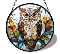 20x20cm Owl Sun Catcher for Windows Garden Fence Decorations Round Owl Wall Art Hanging Ornaments Outdoor, Stained Glass Style Acrylic Suncatcher