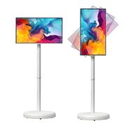 21.5-Inch Smart Touchscreen Monitor, 1080p Mobile Portable TV Stand on Wheels, Android 14, 4+64GB Storage, Built-in 6000mAh, Swivel Rotation Rolling Monitor,White-6+128G