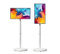 21.5-Inch Smart Touchscreen Monitor,1080p Mobile Portable TV Stand with Stand on Wheels, Android 14 & Built-in 6000mAh, Swivel Rotation Rolling Monitor,Multiple Projection Sharing(White,4+64G)