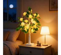 21.6Inch Rose Flower Tree Light for Tabletop,Mini Light up Tree Bonsai Tree with White Rose Flower Warm White LEDs, Decorative Tree Lamp for Fireplace Bedroom Wedding Party,Gifts for Valentine Day