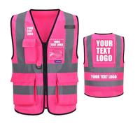 21 colors Personalised Printed small pink high vis Hi Vis Vests Class 2 Zipper with Pockets LOGO Customised Hi Viz High Visibility Reflective Safety Vest Security Waistcoat EN20471