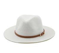 21 Colors Solid Color Straw Hat with Brown Belt Wide Brim Sun Protection Unisex Beach Women Summer Outdoor Jazz Cap for Travel(16 Pure White)
