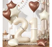 21 Cream White Balloon, 21 Number Balloons Set, Beige Number 21 Balloon, Brown Sand White Foil Star Heart Long Balloons For 21st 12th 12 21 Years Old Birthday Party 1st 2nd Baby Shower Decorations