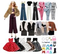 21 Doll Clothes Compatible with Barbie Include Brown Supermodel Plush Set Plush Vest Set Chunky Knit Set Denim Set Polka Dot Dress Sequined Dress 6 Shoes 6 Accessories for 11.5 Inch Dolls Girls Gift