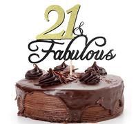 21 & Fabulous Birthday Cake Topper Black Gold Glitter Cake Topper for 21th Happy Birthday Anniversary Wedding Party Decoration Supplies