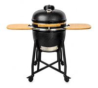 21 Inch Kamado BBQ Grill, Ceramic Charcoal BBQ Egg Smoker, Outdoor Barbeque Grill, Charcoal Grill with Stand, Shelves & Thermometer (Black, 21")