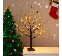 21 Inch Red Berry Blossom Tree with Lights, Artificial Christmas Tree Lights, 24 LED Tabletop Christmas Lights, Battery Powered, Lighted Mini Birch Tree, for Christmas Thanksgiving Decor (gold)