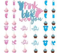 21 Pack Gender Reveal Cake Toppers, Glitter Blue or Pink We Love You Cake Topper, Boy or Girl Cupcake Toppers T-shirt Bottles Footprint Pacifier Cake Decorations for Baby Shower Party Supplies