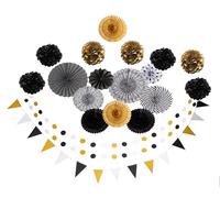 21 Pcs Black and Gold Party Decorations Black and Gold Birthday Decorations Paper Pom Pom Paper Fan Banner Halloween Anniversary