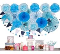 21 Pcs Blue Decorations Mamma Mia Party decorations Blue Birthday Party Bluey Boys Frozen Adult Stitch Set, Baby Shower Gender Reveal Light Pale Royal Paper Fans, Pom Poms Anniversaries (Blue Shade)