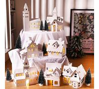 21 Pcs DIY Christmas Village Sets 7 White 13 Inch Unassembled Cardboard Christmas House with 7 LED Candle 7 Xmas Tree for Kids Adult Arts Crafts Collection Indoor Room Table Decor Architecture Gift