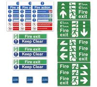 21 PCS Fire Exit Sign, Fire Door Keep Shut Signs, Self Adhesive Fire Safety Signs Set(Right, Left, Up, Down Arrow), Fire Action Notice Sign, Exit Sticker, Keep Clear Vinyl Stickers