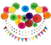 21 Pcs Party Decorations Rainbow Festival Tropical Beach Outdoor Set, Paper Fans, Pom-Poms Banners for Adult Birthday Party Kids, Anniversaries Mexican Celebrations (Happy)