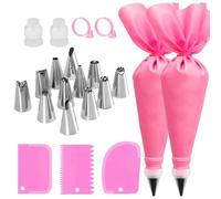 21-Piece Stainless Steel Piping Nozzle Set Premium Icing Piping Kit with 2 Reusable Piping Bags for Cake Decorating Cupcakes Cookies Baking Accessories (Pink)