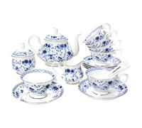 21 Pieces Adult Porcelain Tea Set 6 Cups Saucer Teapot Spoon Sugar Bowl Milk Pot Women's Party Vintage(Blue)