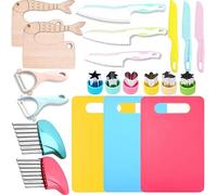 21 Pieces Wooden Kids Kitchen Knife, Kids Knife Set Include 6 Toddler Knives with Serrated Edges, 3*Cutting Boards, 2*Crinkle Cutter, 2*Y Peeler,6 * fruit cutters shapes and 2*Wooden Safe Knife