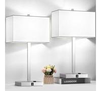 21" Set of 2 Touch Control Table Lamps with 2 USB & AC Outlets, 3-Way Dimmable Modern Nightstand Lamps for Bedroom Living Room Office Reading, White Shade Bedside Lamps, 5000K LED Bulbs Included.