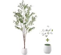 210cm/7FT Artificial Olive Tree,Fake Olive Tree with Lifelike Olive Leaves,Faux Olive Tree with White Pots & Cobblestone,Olive Tree Artificial for Home Office Decor