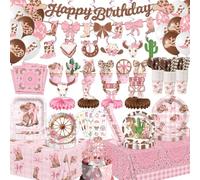 210Pcs Pink Cowgirl Birthday Party Decorations Bows and Boots Tableware including Western Disposable Plates Napkins Cups Banner Balloons Cake Topper for Rodeo Theme Party Supplies Serves 26