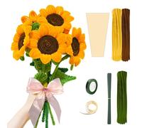 210Pcs Pipe Cleaner Flowers Kit Sunflower, Green Brown Yellow Pipe Cleaners for Craft Flowers, 2 Pcs Floral Wrapping Papers, 5 Pcs Flower Stalks, Ribbon for Flower DIY Craft Kit Gift Birthday Gifts