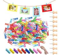 210PCS Wooden Mini Pegs - 2.5cm Colored Pegs for Photo Display with 30M Jute String