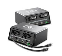 210W GaN Charger with 2 Retractable Cables, 6-Port USB C Charging Station (5C+1A), Dual 45W Ports for MacBook & Laptop, Full-Protocol Fast Charging Home Office Travel Charger for iPhone, Samsung, iPad