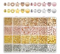 2160 Piece Spacer Beads Collection, Assorted Round and Star Beads in Gold, Silver, Rose Gold Colours for Bracelet Crafting and Jewellery Making Supplies