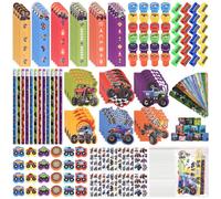 216Pcs Monster Truck Stationery Set Notebook Sticker Stamper Eraser Ruler Pencil Bulk Race Car Themed Party Goodie Bag Stuffers Pinata Filler Supplies Classroom Prize
