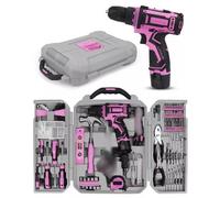 219-Piece Pink Home Tool Kit with 12V Cordless Drill - Complete DIY Repair Set with Durable Toolbox & UK Plug for Home, Office & Craft Projects