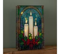 21cm Battery Operated Light up Stained Glass Christmas Decoration with Candles & Holly with Warm White LEDs
